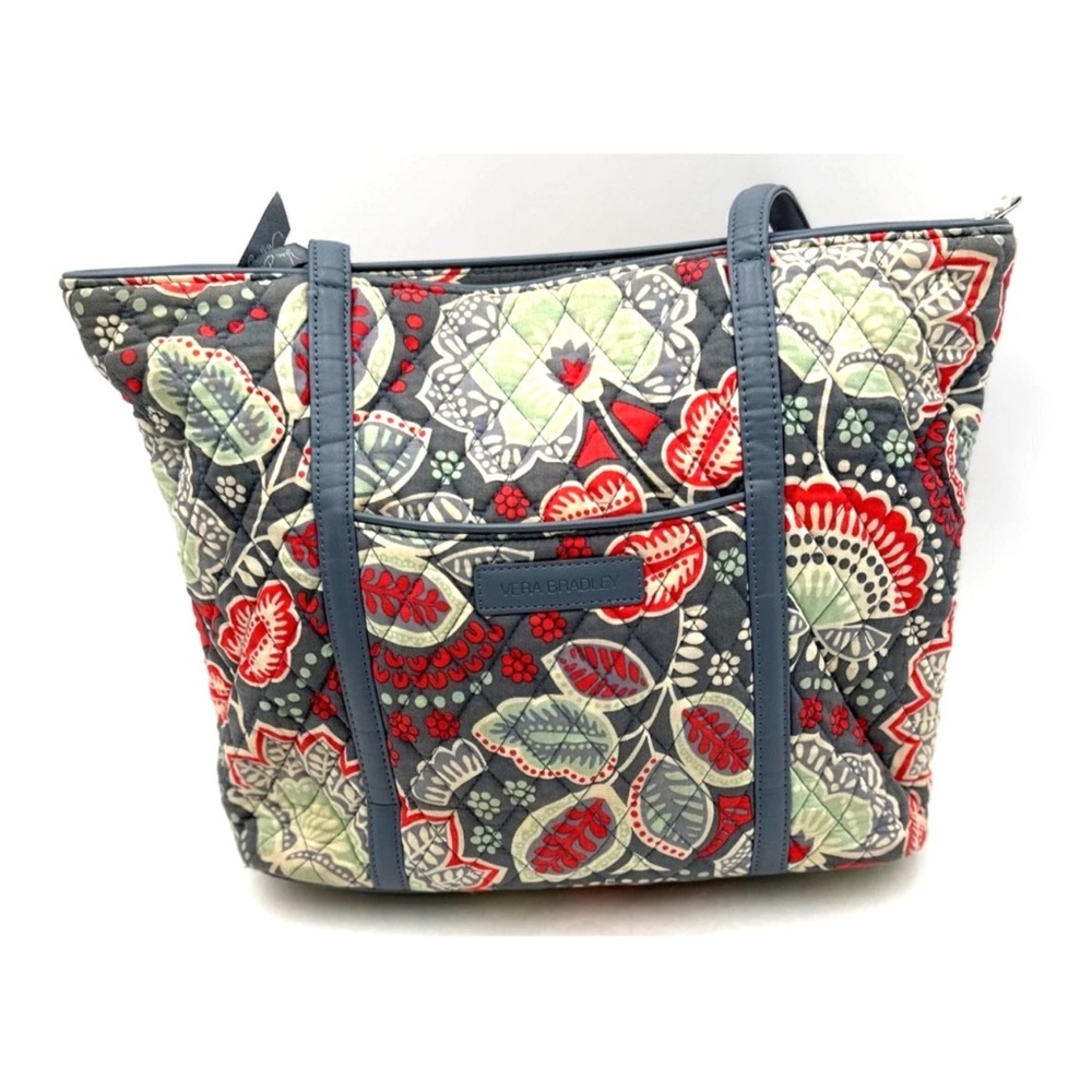 Vera Bradley Quilted Floral Tote Bag Zip Top Blue Trim Lightweight Shoulder
